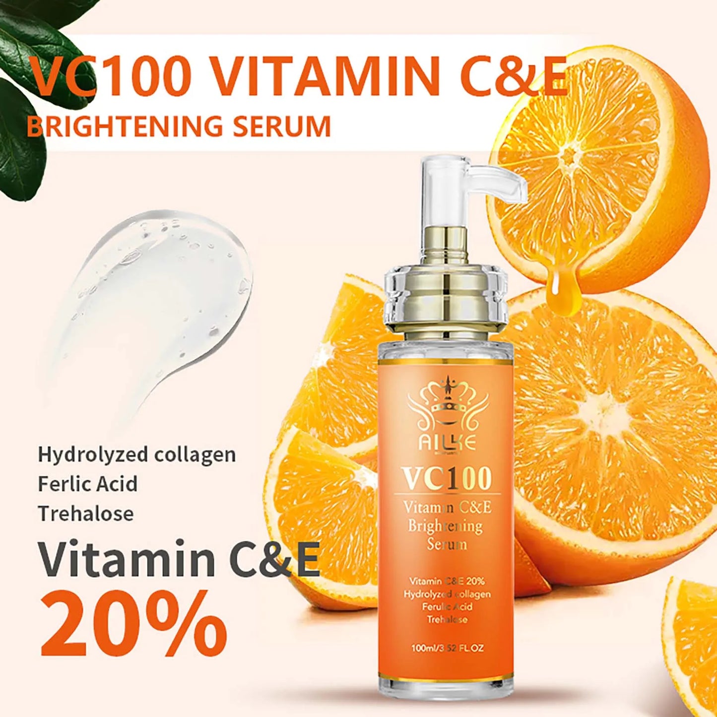 AILKE Brightening Serum, Whitening, Moisturizes, Hydrates, Clean Skin, Reduce Wrinkles, Dark Spots, With Vitamin C, Vitamin E