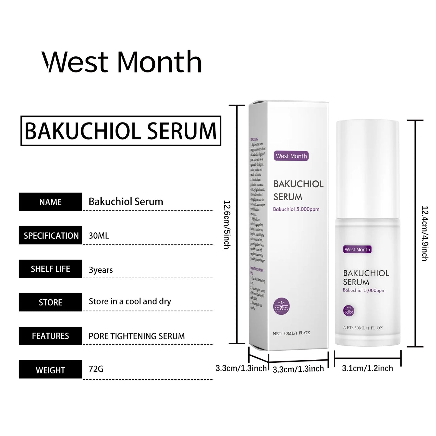 WEST MONTH Bakuchiol Serum for Skin Care - Pore Shrinking & Improved Texture Deep Moisturizer Hydrating Plumpness Enhancer