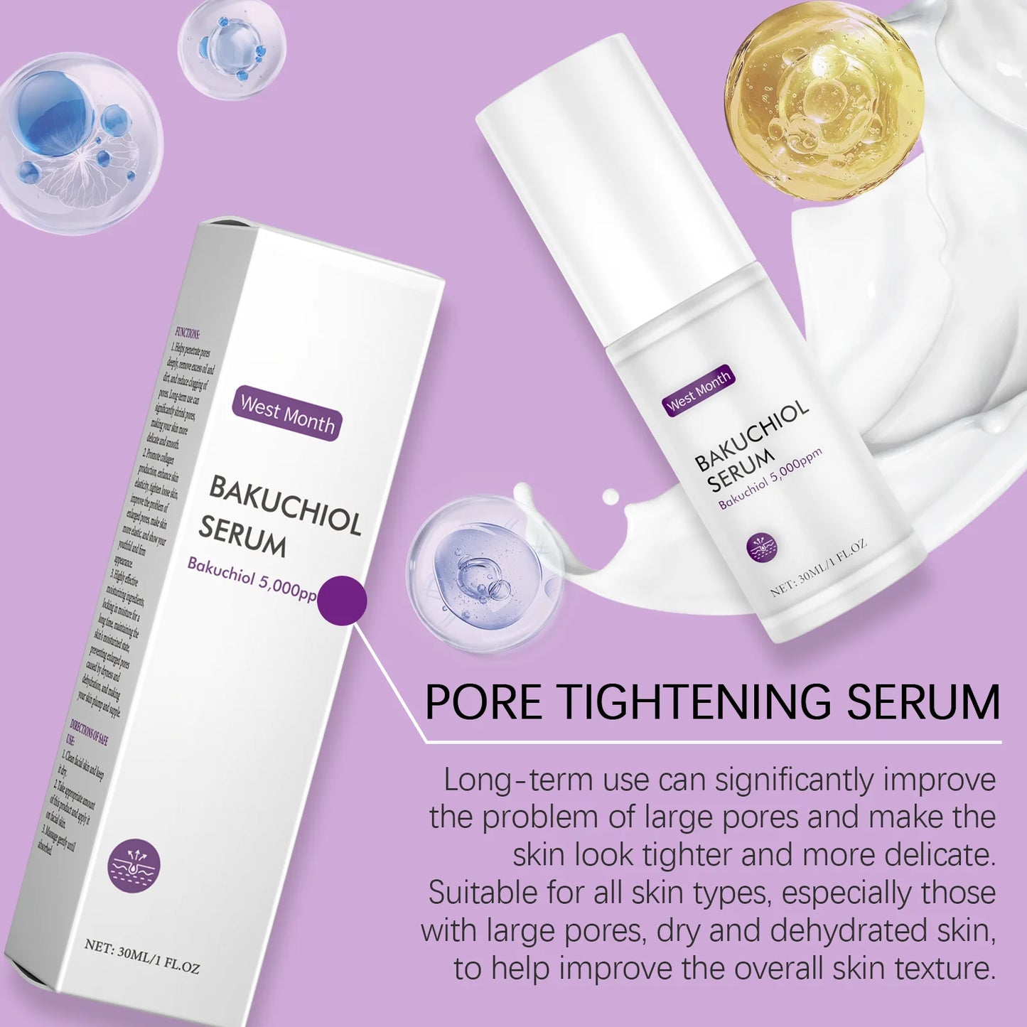 WEST MONTH Bakuchiol Serum for Skin Care - Pore Shrinking & Improved Texture Deep Moisturizer Hydrating Plumpness Enhancer