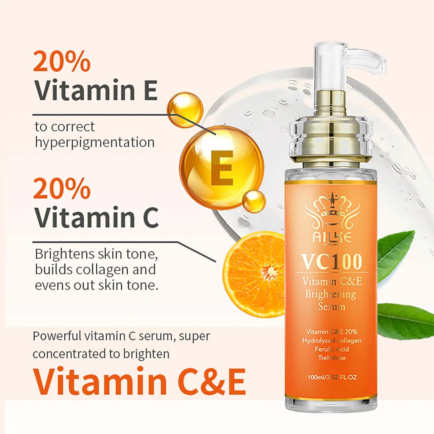 AILKE Brightening Serum, Whitening, Moisturizes, Hydrates, Clean Skin, Reduce Wrinkles, Dark Spots, With Vitamin C, Vitamin E