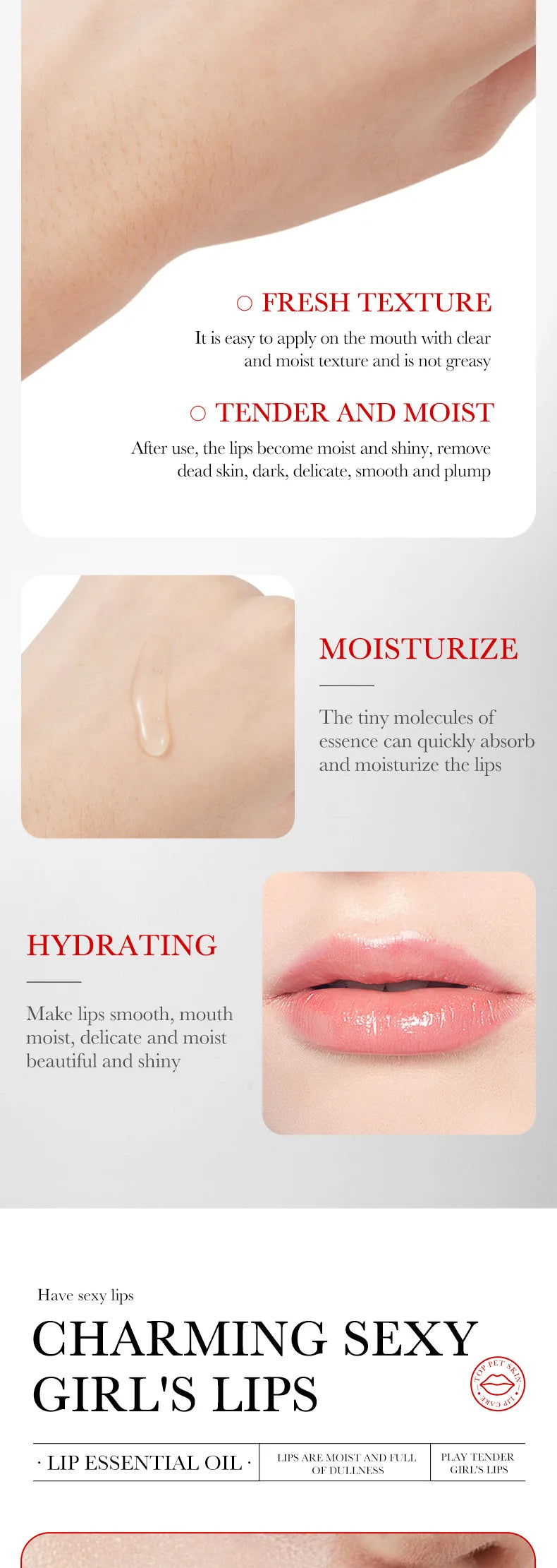 Lip oil essence exfoliates, prevents dryness, reduces lip lines, and can be used with lipstick for lasting repair