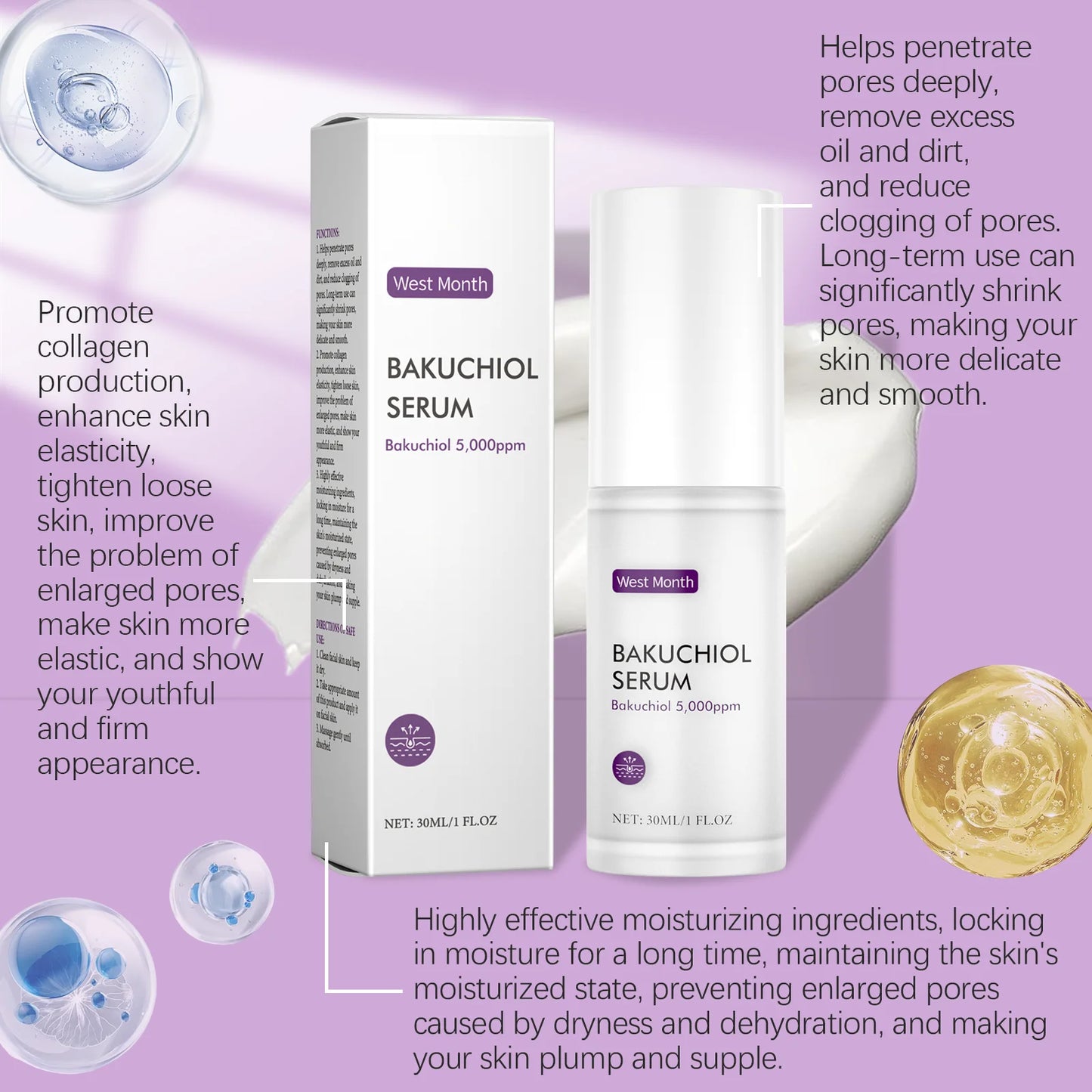 WEST MONTH Bakuchiol Serum for Skin Care - Pore Shrinking & Improved Texture Deep Moisturizer Hydrating Plumpness Enhancer