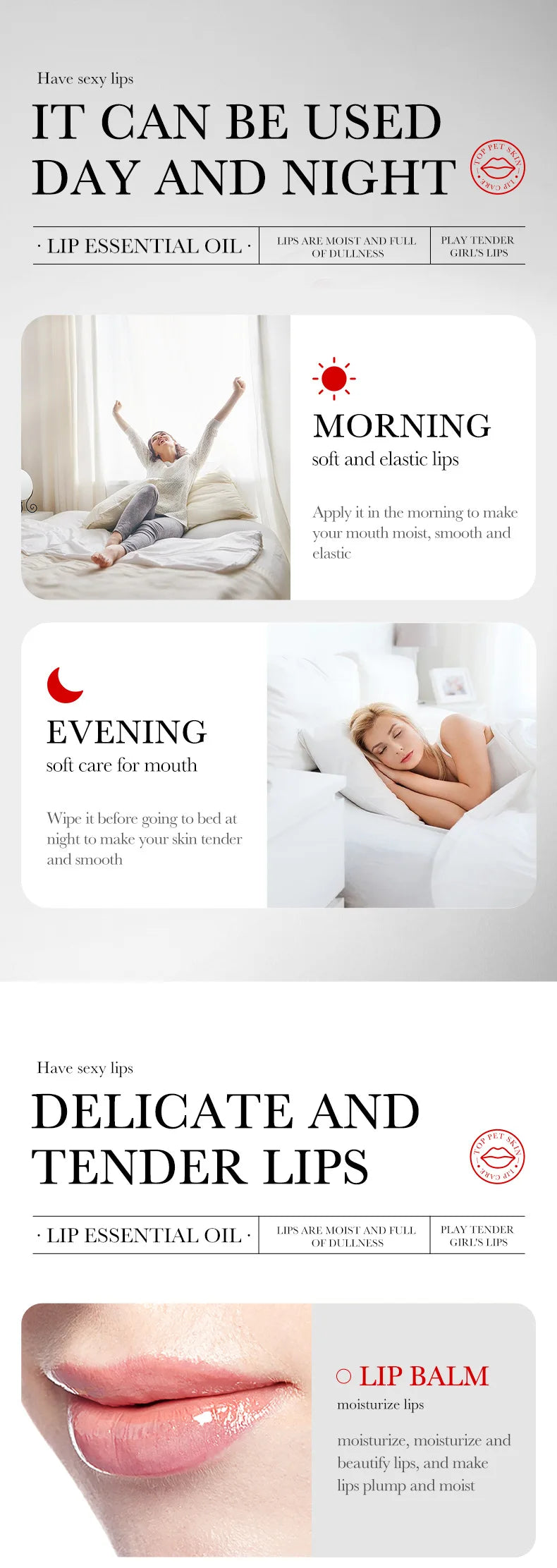 Lip oil essence exfoliates, prevents dryness, reduces lip lines, and can be used with lipstick for lasting repair