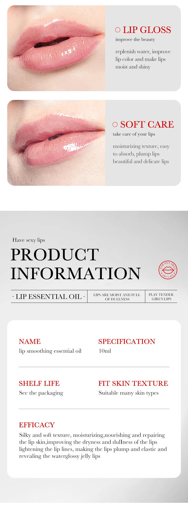 Lip oil essence exfoliates, prevents dryness, reduces lip lines, and can be used with lipstick for lasting repair