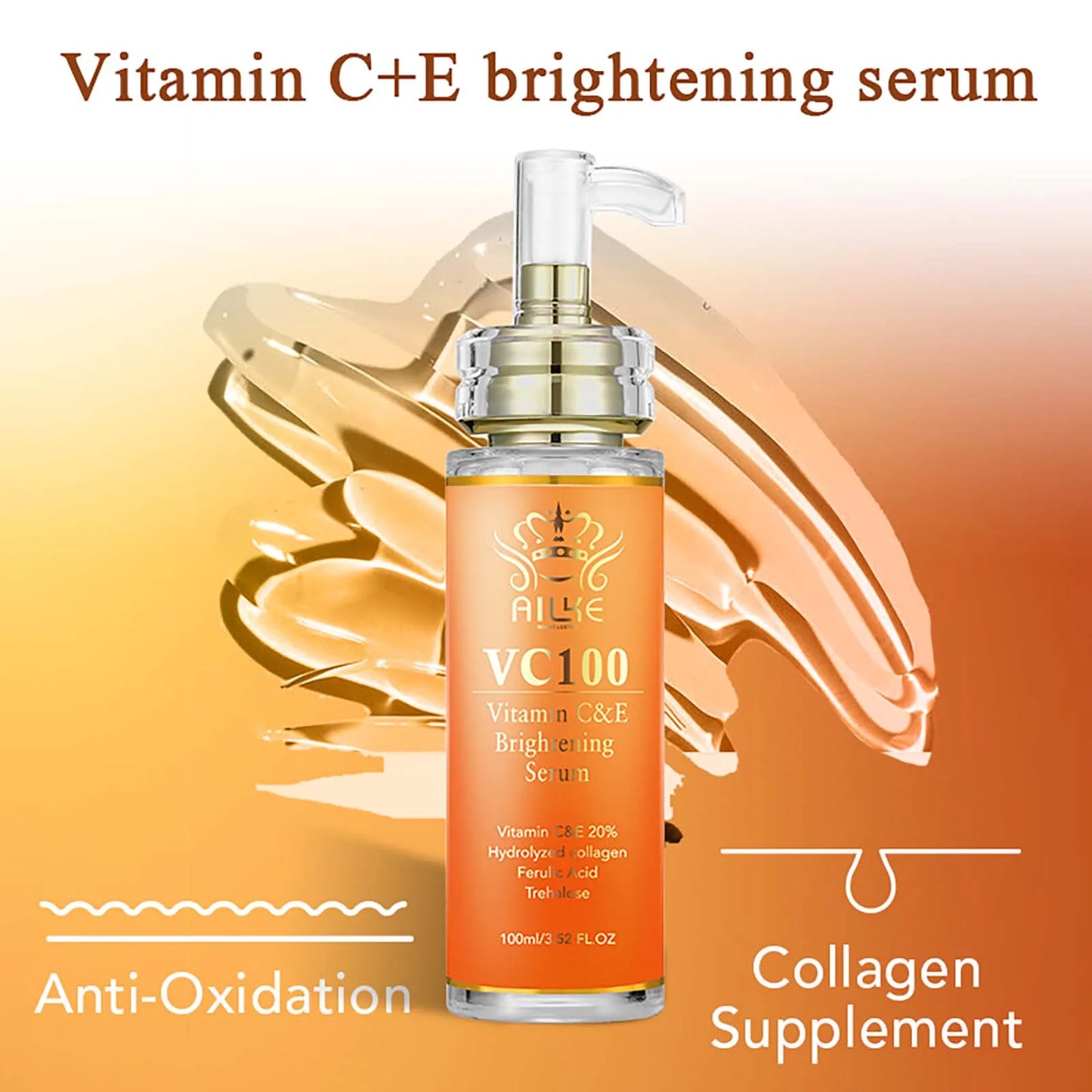 AILKE Brightening Serum, Whitening, Moisturizes, Hydrates, Clean Skin, Reduce Wrinkles, Dark Spots, With Vitamin C, Vitamin E