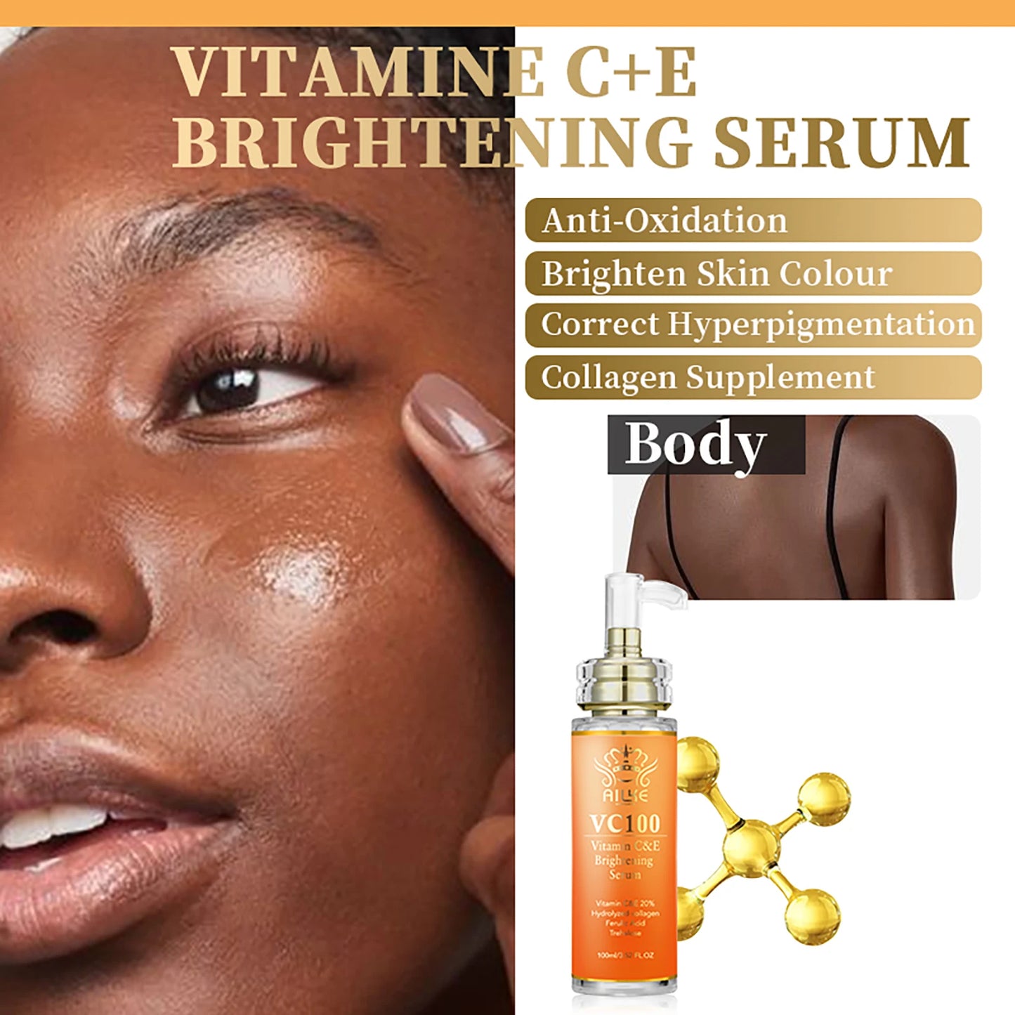AILKE Brightening Serum, Whitening, Moisturizes, Hydrates, Clean Skin, Reduce Wrinkles, Dark Spots, With Vitamin C, Vitamin E