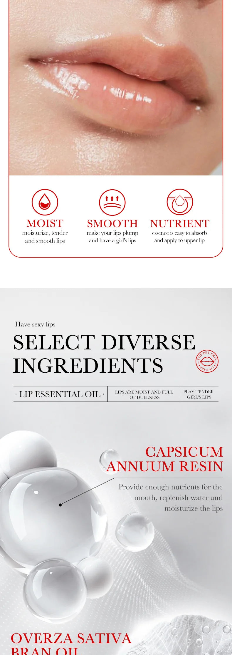 Lip oil essence exfoliates, prevents dryness, reduces lip lines, and can be used with lipstick for lasting repair