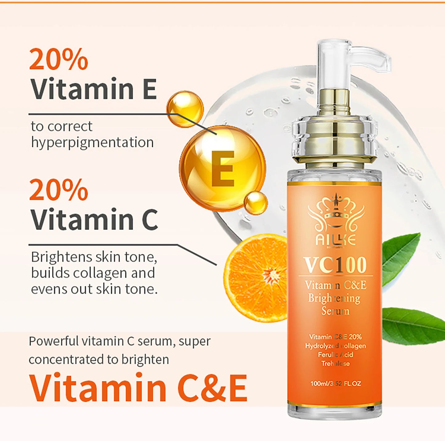 AILKE Brightening Serum, Whitening, Moisturizes, Hydrates, Clean Skin, Reduce Wrinkles, Dark Spots, With Vitamin C, Vitamin E